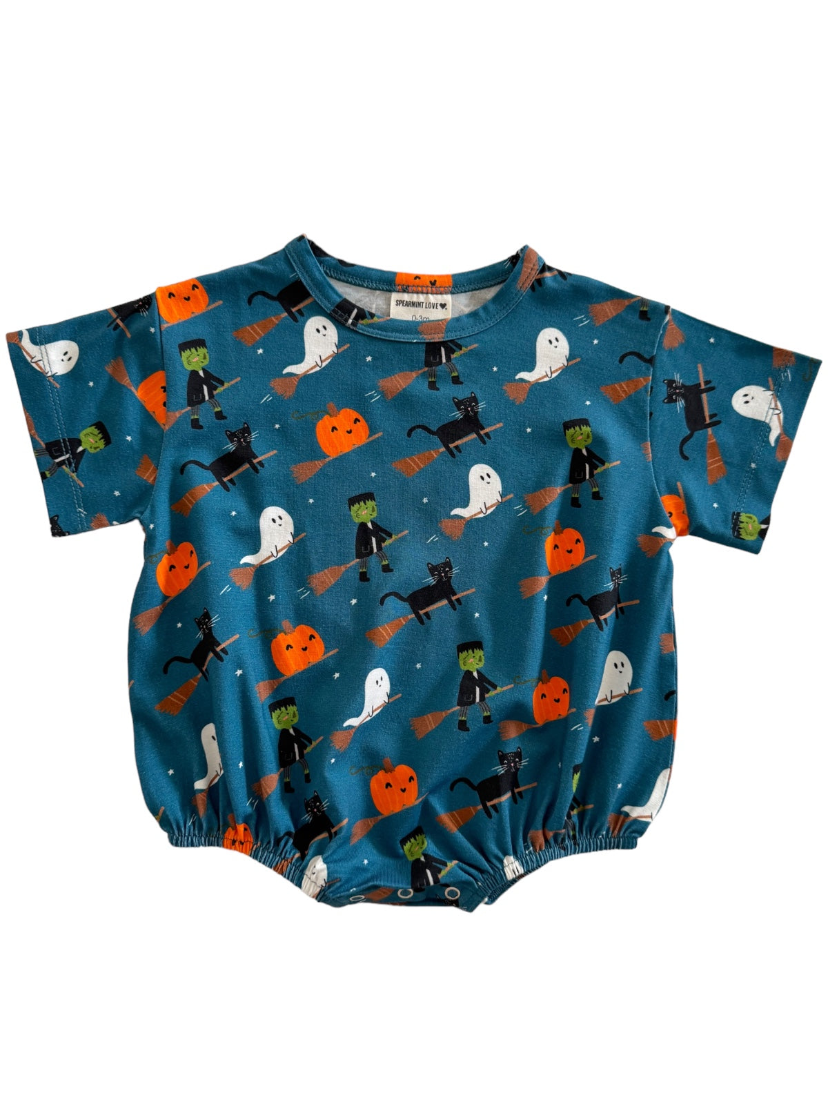 Halloween-themed baby onesie with ghosts, pumpkins, and characters on a teal background.