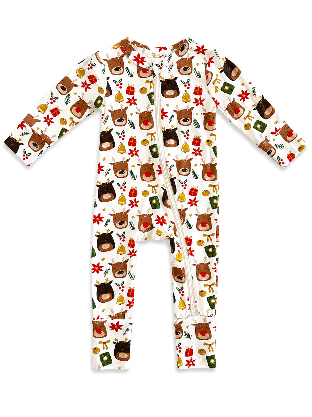 Child's zip-up onesie featuring playful bear and holiday-themed patterns on a white background.