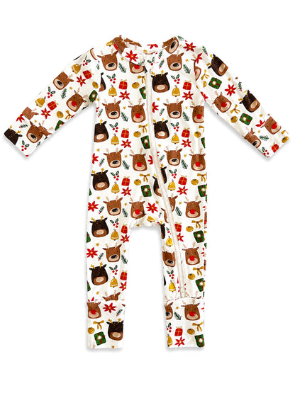Child's zip-up onesie featuring playful bear and holiday-themed patterns on a white background.