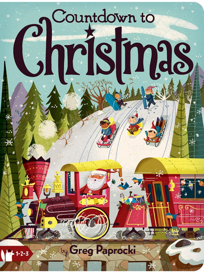 Colorful illustration of "Countdown to Christmas" book cover featuring Santa, children sledding, and snowy trees.