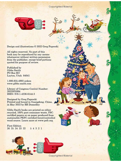 Christmas-themed book cover featuring a decorated tree, joyful characters, and festive illustrations.