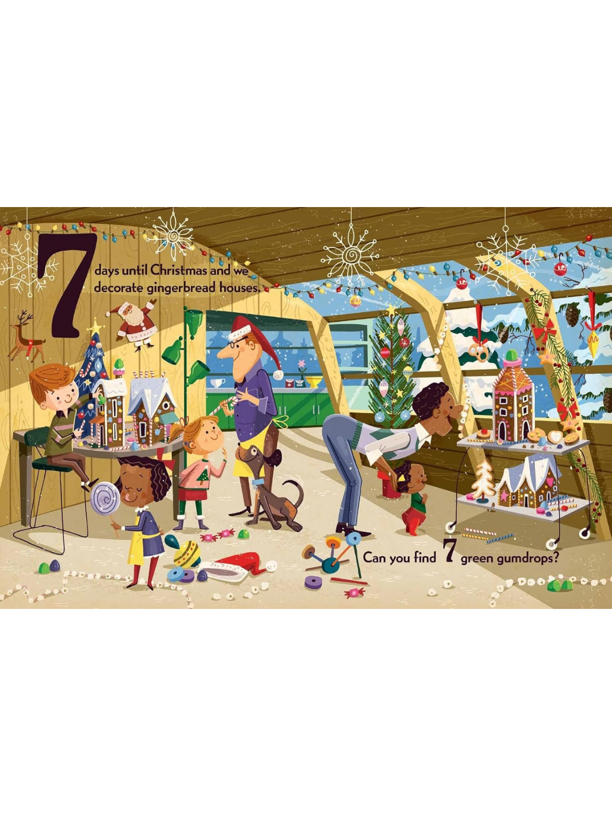 Children decorating gingerbread houses in a festive room; a countdown to Christmas with playful activities and decorations.
