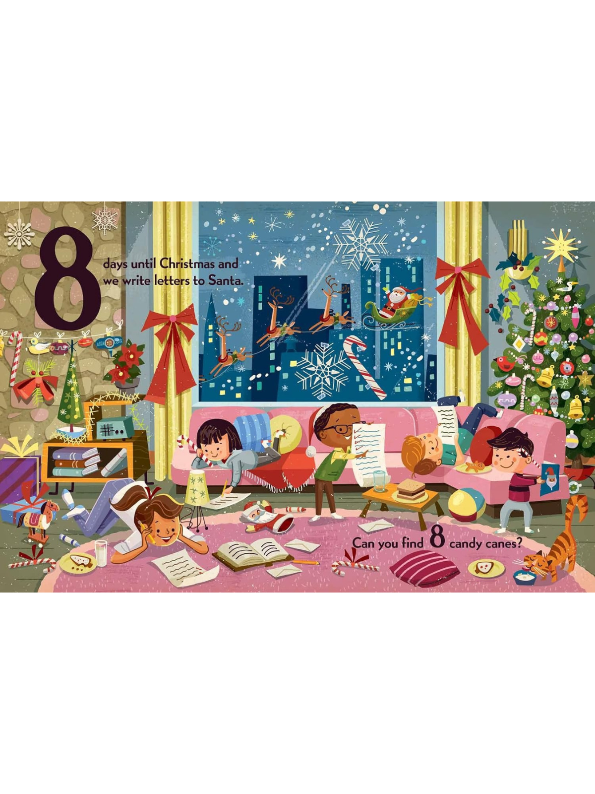 Colorful scene of children writing letters to Santa with Christmas decorations and a cat among scattered candy canes.