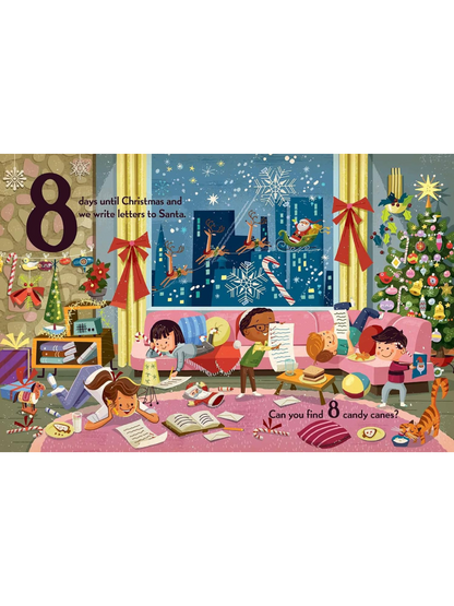Colorful scene of children writing letters to Santa with Christmas decorations and a cat among scattered candy canes.