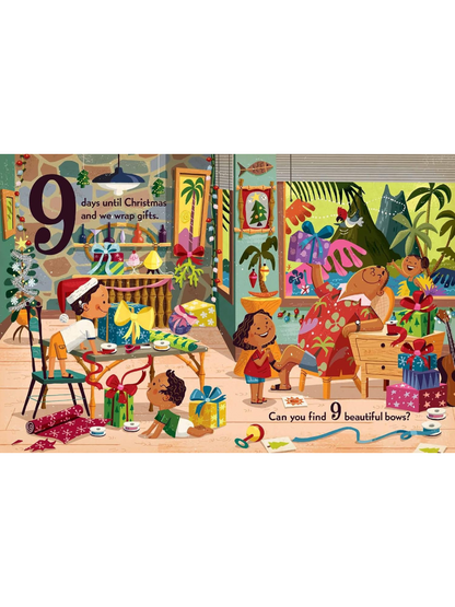Colorful scene of a family preparing gifts for Christmas, surrounded by decorations and playful elements.