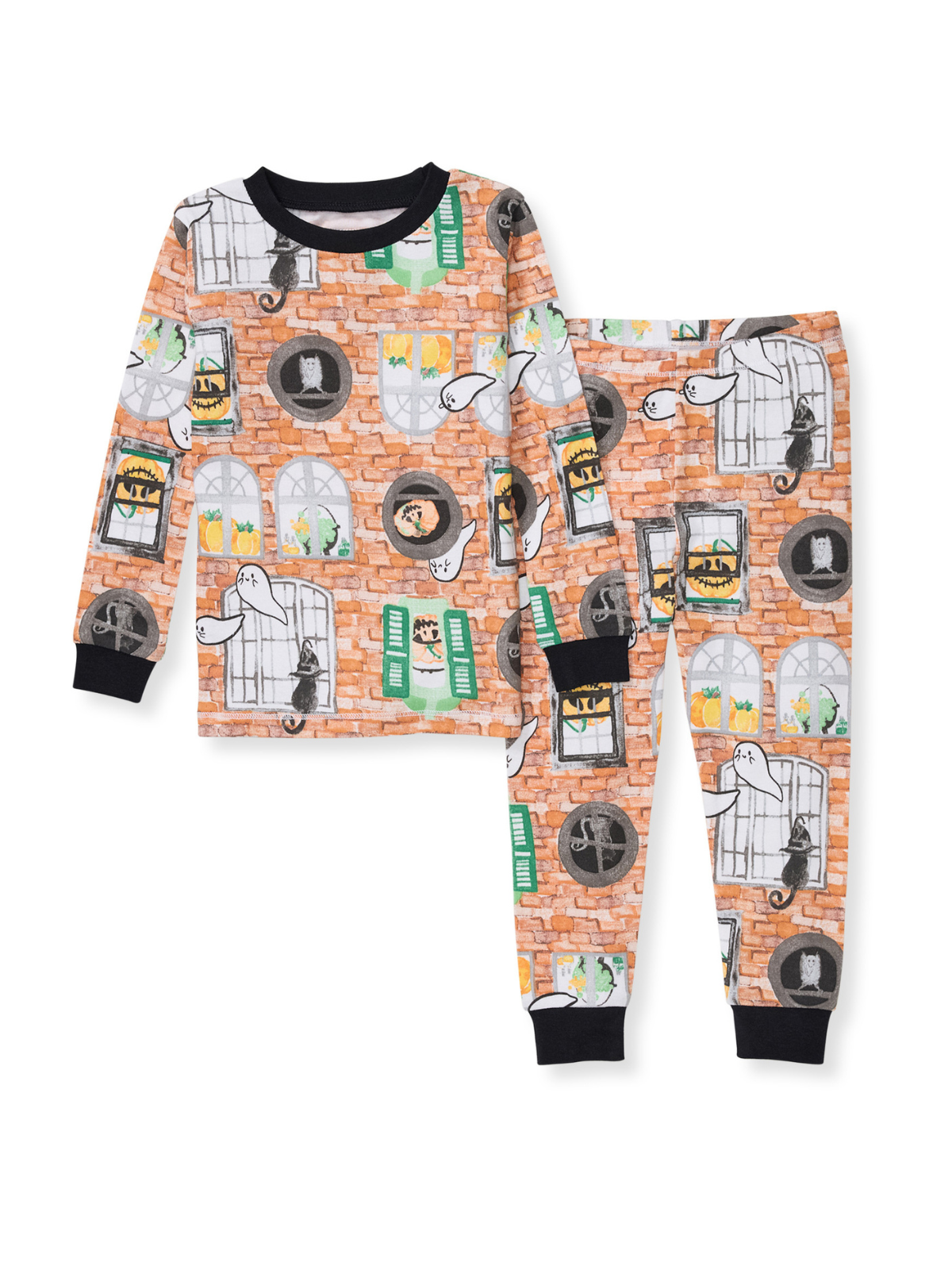 Kids' pajama set featuring playful ghosts and cats on a brick background with window designs.