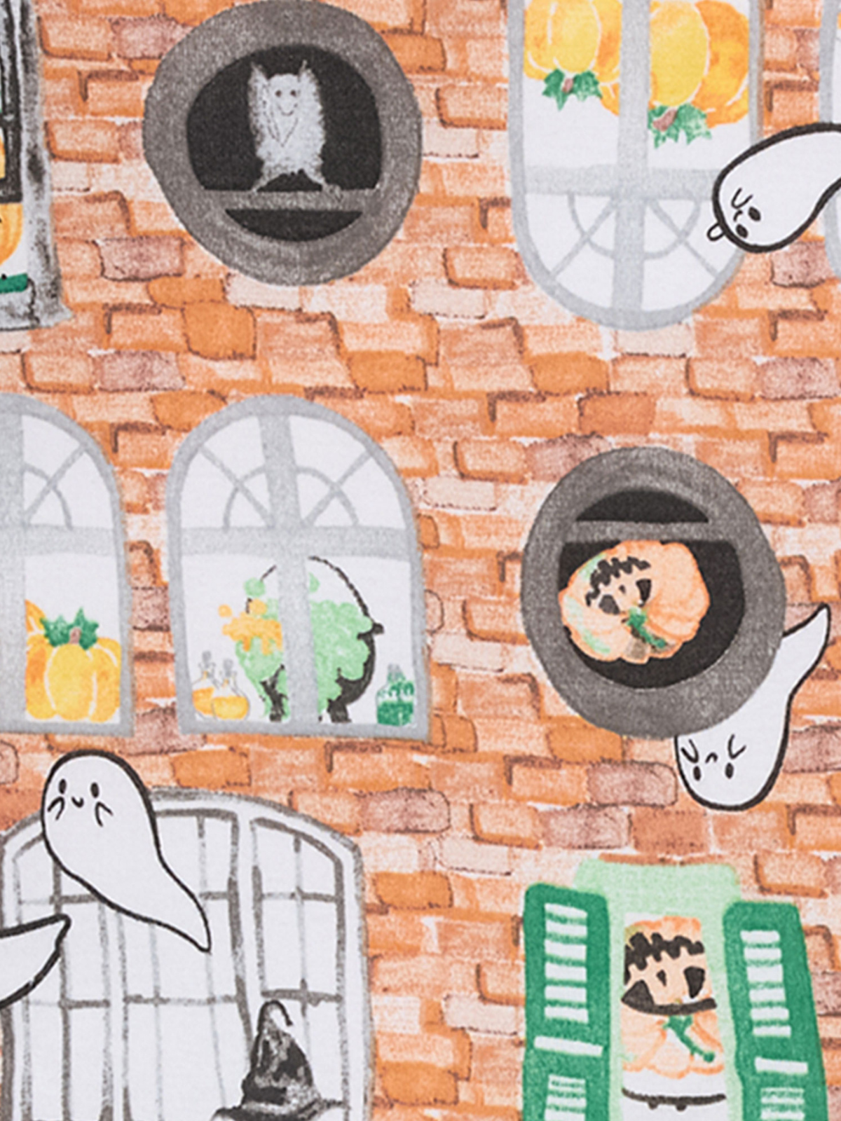 Colorful illustration of a brick wall with whimsical windows, featuring ghosts, an owl, and playful food items.
