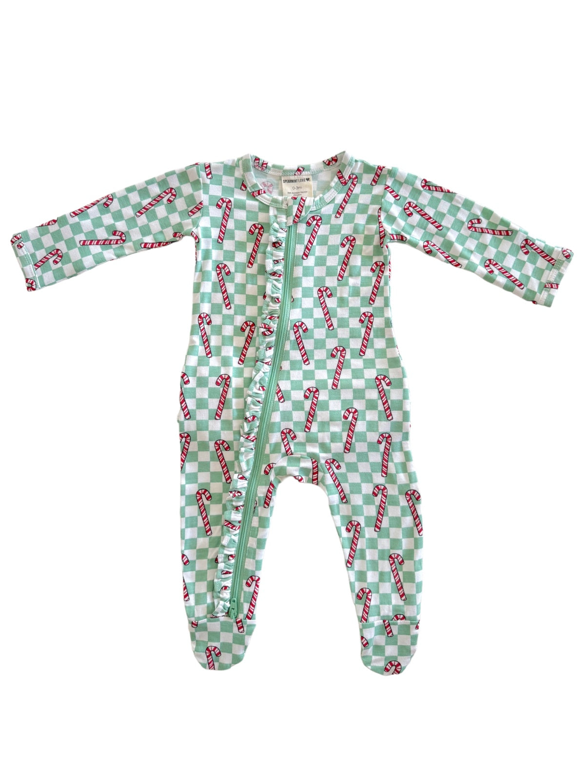 Green checkered onesie with red and white candy cane print and front zipper. Perfect for festive occasions.