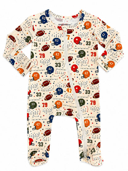 Infant jumpsuit featuring colorful football and helmet patterns, ideal for sports-themed baby outfits.
