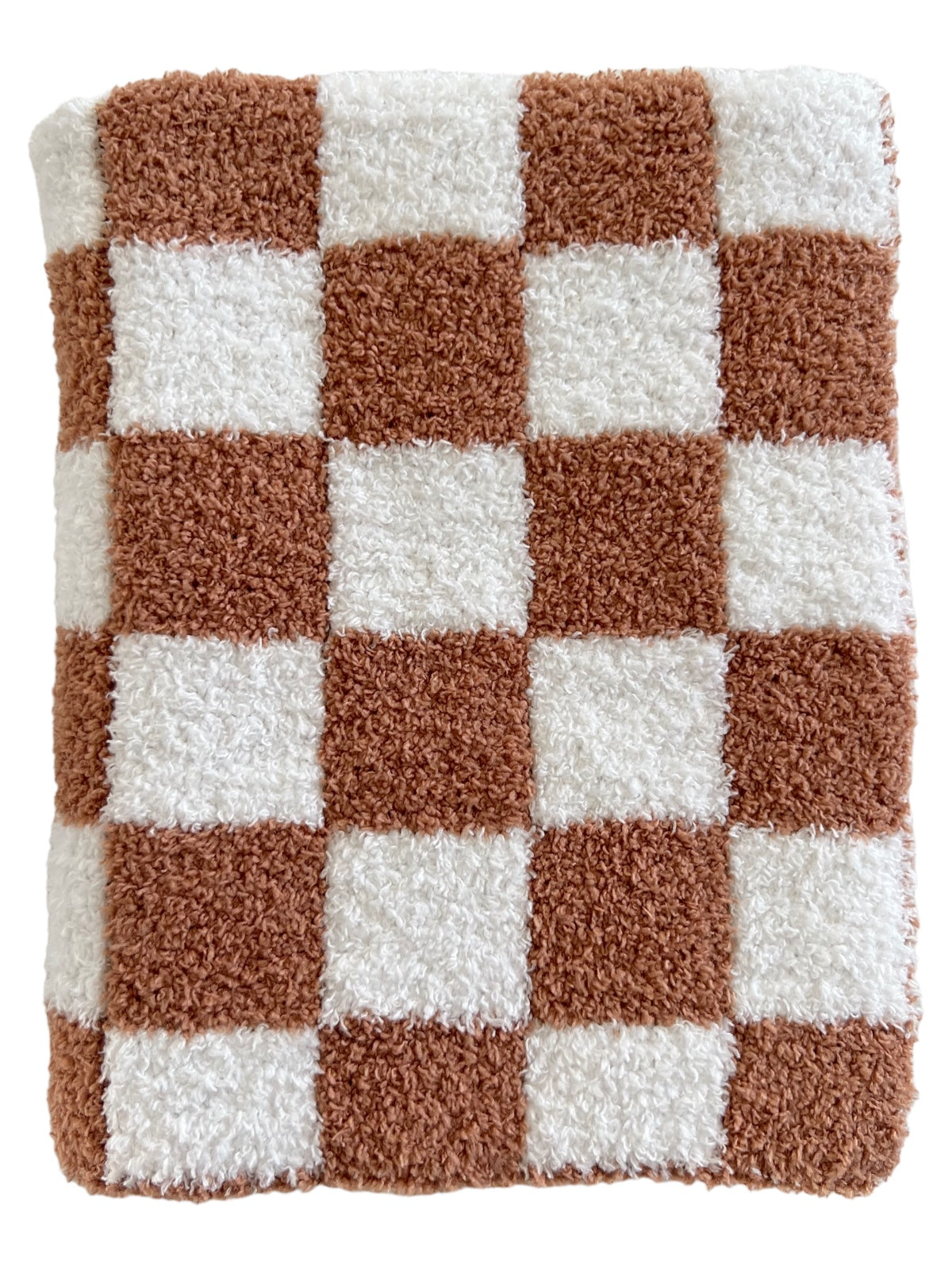 Brown and white checkered plush towel folded neatly.