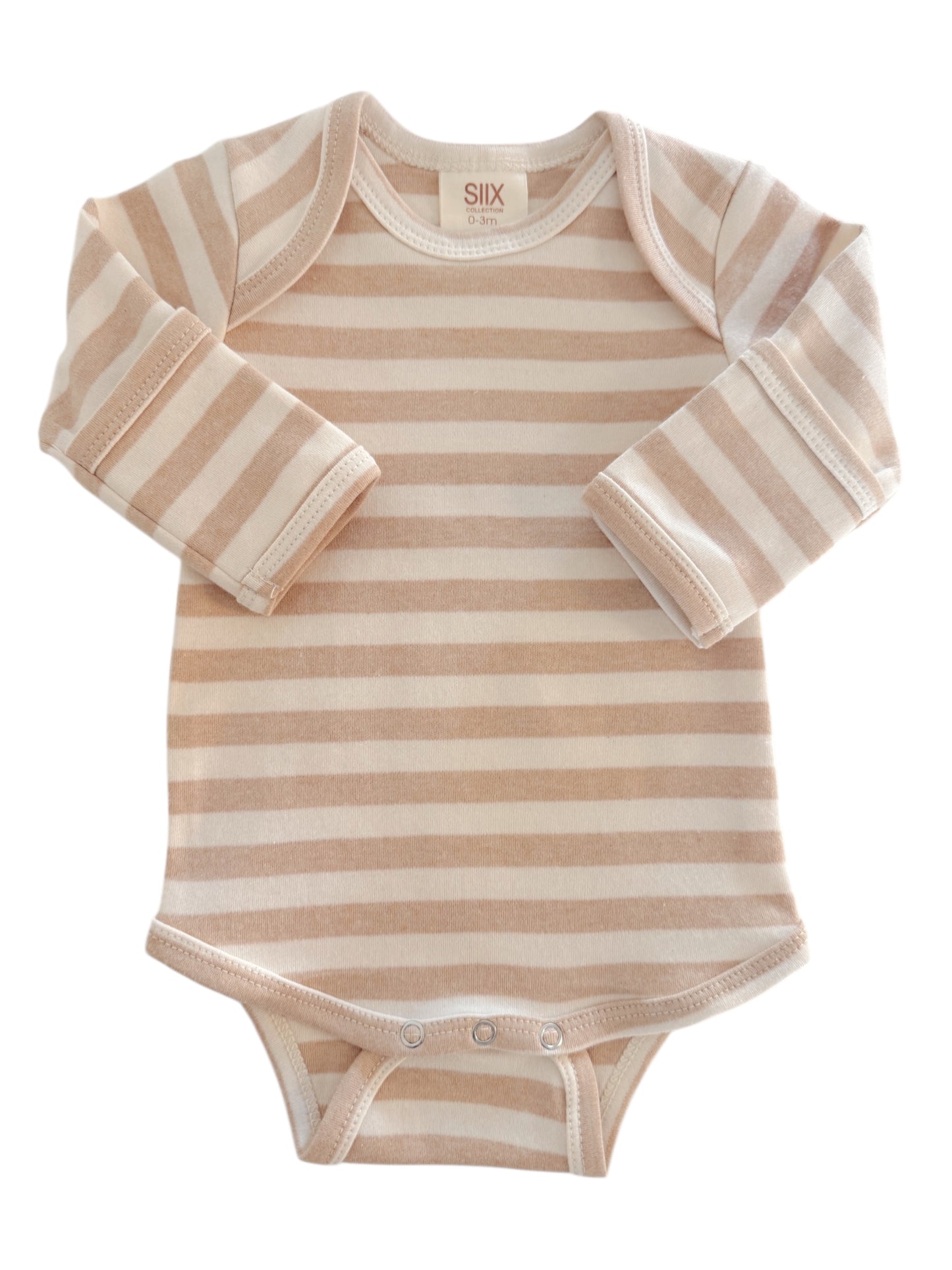 Tan and cream striped baby onesie with long sleeves and snap closure. Ideal for infants 0-3 months.