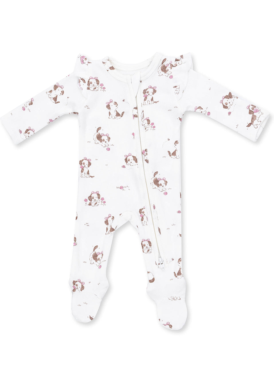 White baby onesie with a cute dog print and floral accents, featuring a front zipper and long sleeves.