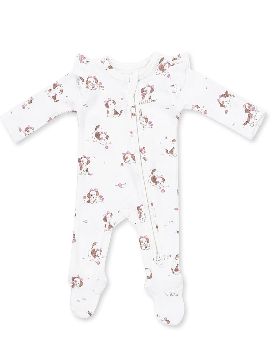 Ribbed Ruffle Sleeve 2-Way Zip Footie, Explorer Puppy Pink