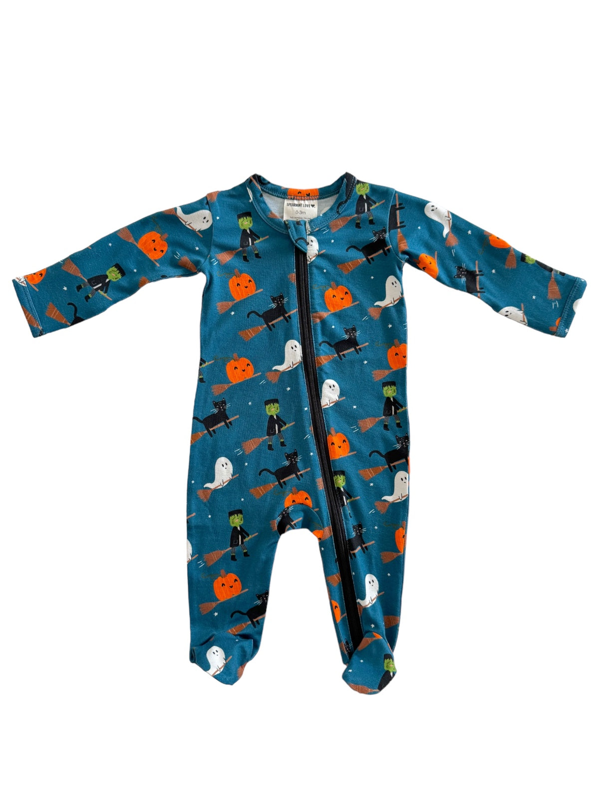 Children's Halloween-themed zip-up onesie with ghosts, pumpkins, and playful monsters on a teal background.
