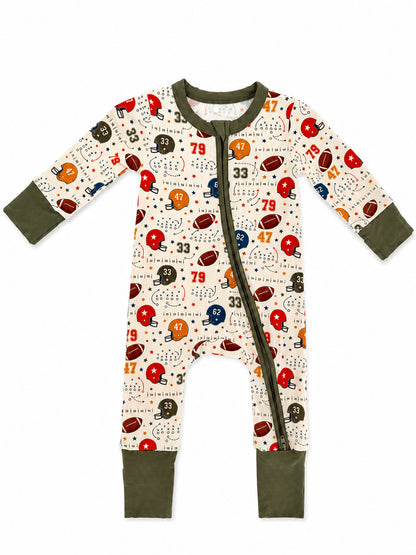 Football-themed infant onesie with colorful helmets and numbers, featuring a front zipper and long sleeves.
