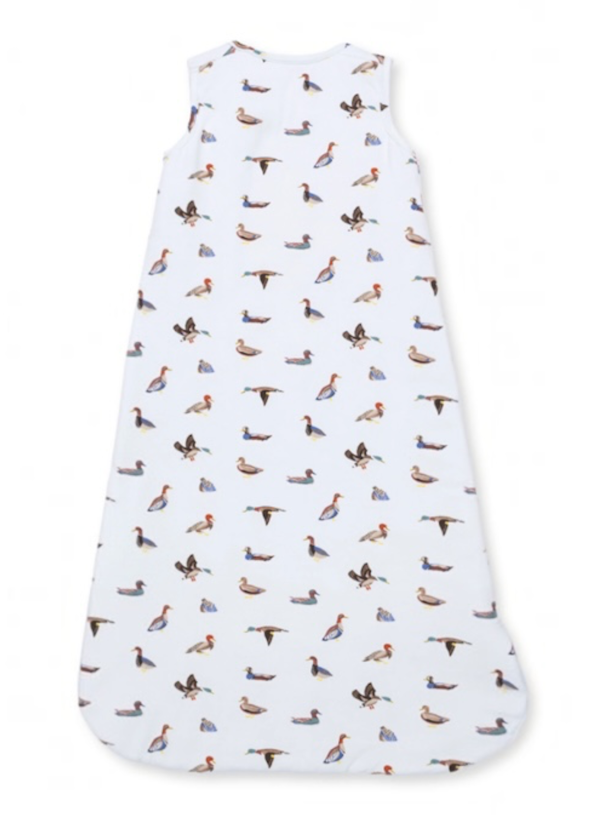 Bird-patterned sleeping sack in white, featuring diverse bird illustrations throughout the fabric.