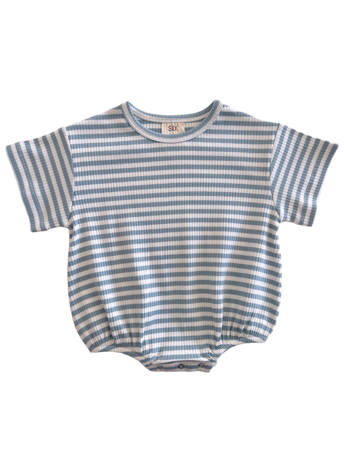 Light blue striped short-sleeve baby onesie with a gathered bottom and button closure.