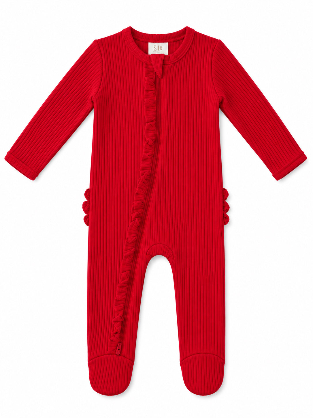 Red baby onesie with ribbed texture and ruffle detailing, featuring long sleeves and footed design.