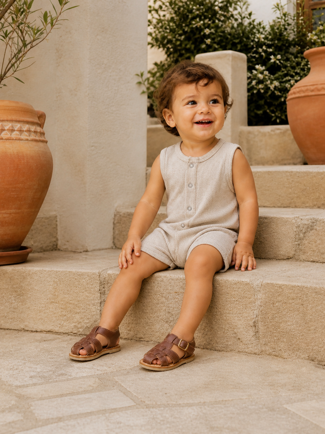 ROSIE LINEN ROMPERS ベージュ サロペット Sleeveless Tan Speckle Shortie Romper for Boys | Soft Cotton