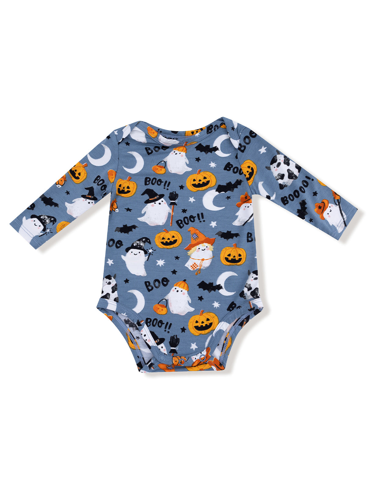 Blue long-sleeve onesie with Halloween-themed ghosts, pumpkins, bats, and moons. Perfect for festive occasions.