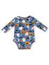 Blue long-sleeve onesie with Halloween-themed ghosts, pumpkins, bats, and moons. Perfect for festive occasions.