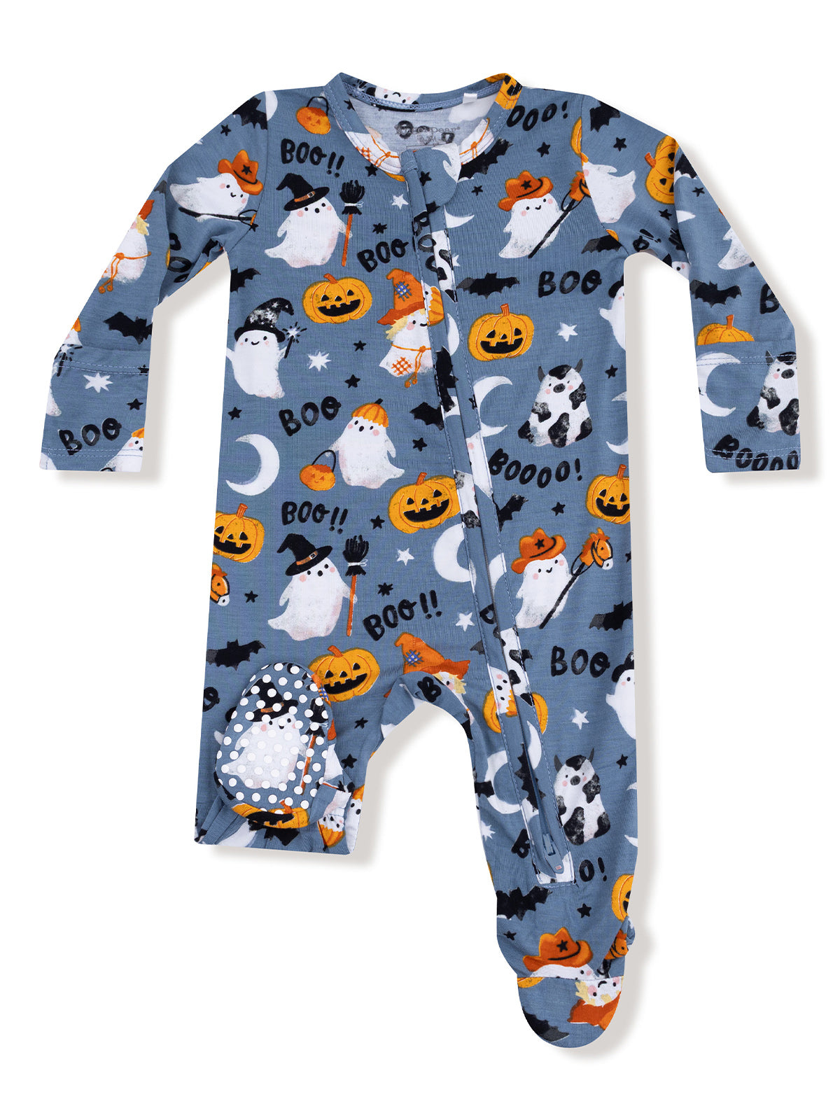 Halloween-themed baby onesie with ghosts, pumpkins, and bats on a blue background.
