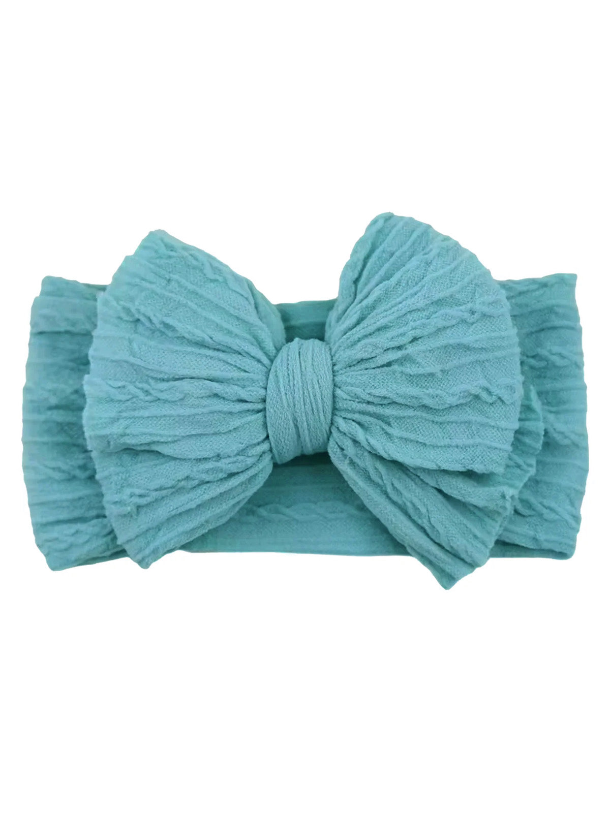 Turquoise headband with a textured fabric bow in the center, ideal for stylish accessories.