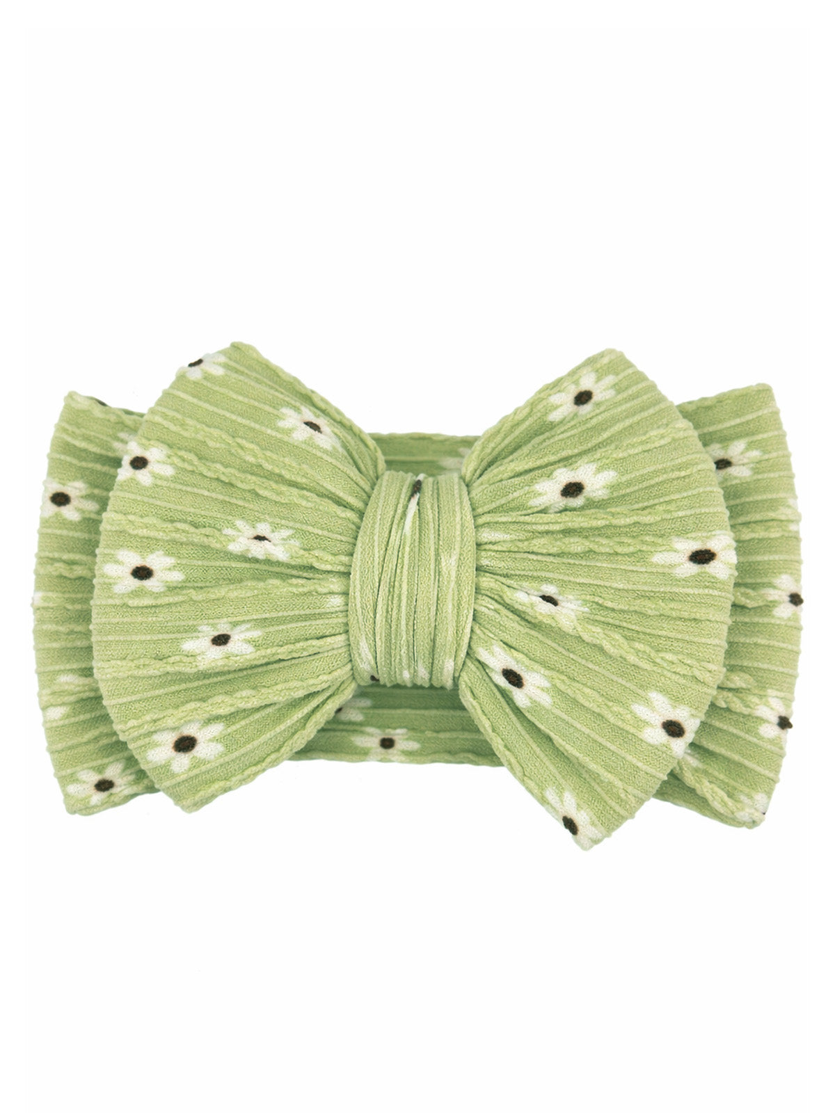 Green floral hair bow with a pleated design and small white flowers, centered by a matching ribbon.