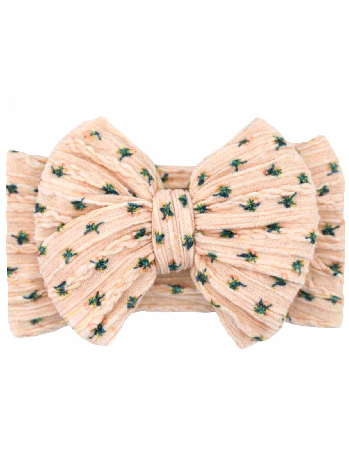 Pink floral hair bow with textured fabric and green accents. Ideal accessory for adding style.