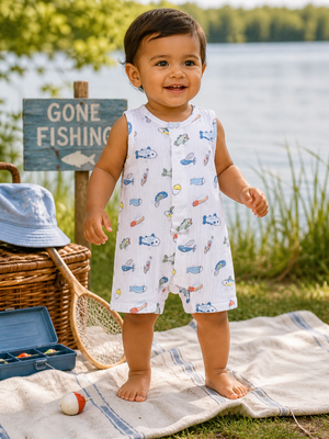 Smiling toddler in a fishing-themed outfit stands on a blanket by a lake, with a "Gone Fishing" sign nearby.