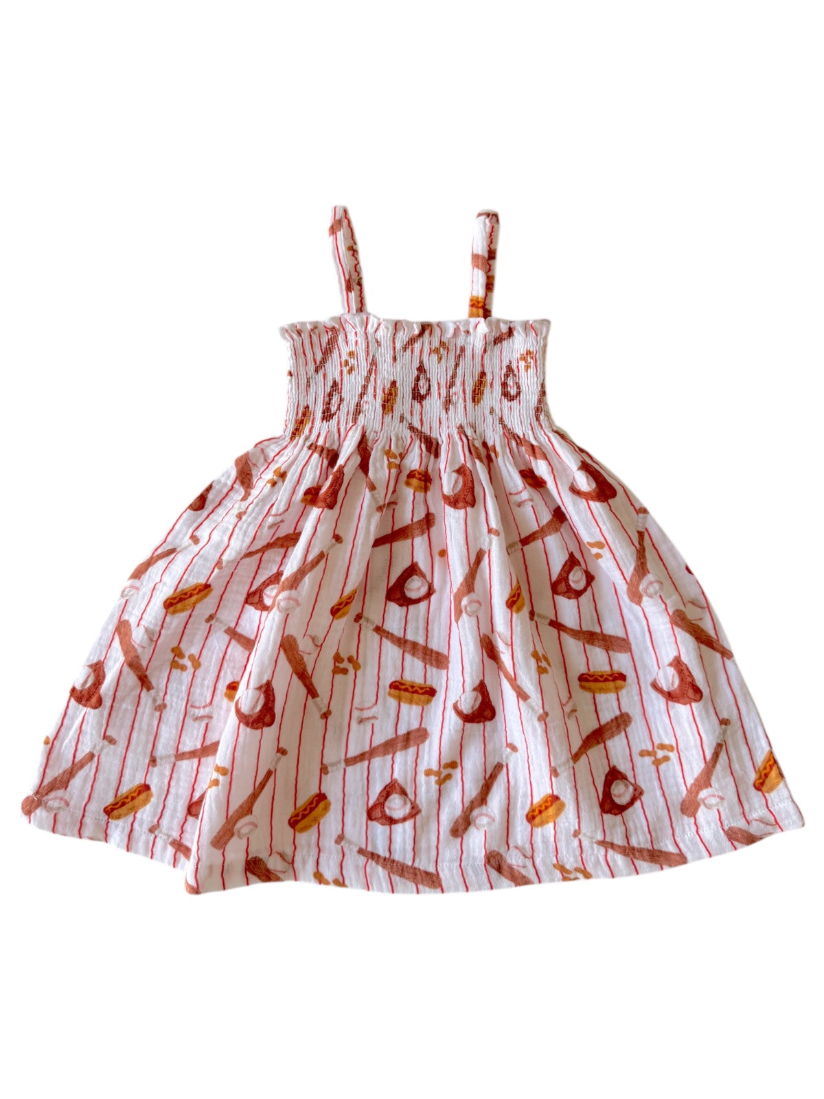 Toddler dress with spaghetti straps, featuring a playful print of hot dogs and baseball bats on a white background.