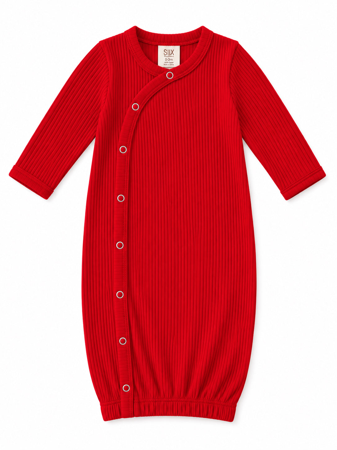 Red ribbed baby gown with long sleeves and snap buttons, suitable for infants aged 0-3 months.
