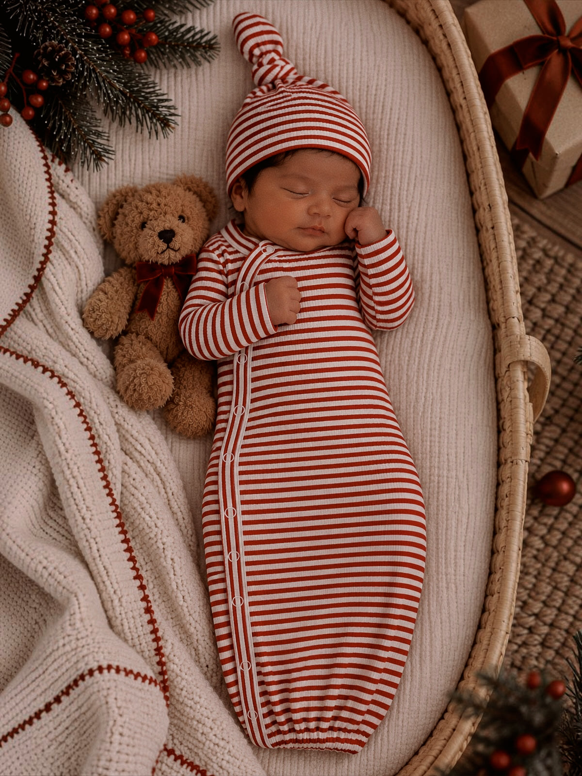 Newborn baby in a striped outfit sleeping beside a teddy bear in a cozy basket with festive decorations.