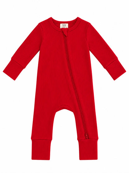 Red ribbed toddler onesie with long sleeves and a front zipper closure. Perfect for comfort and style.
