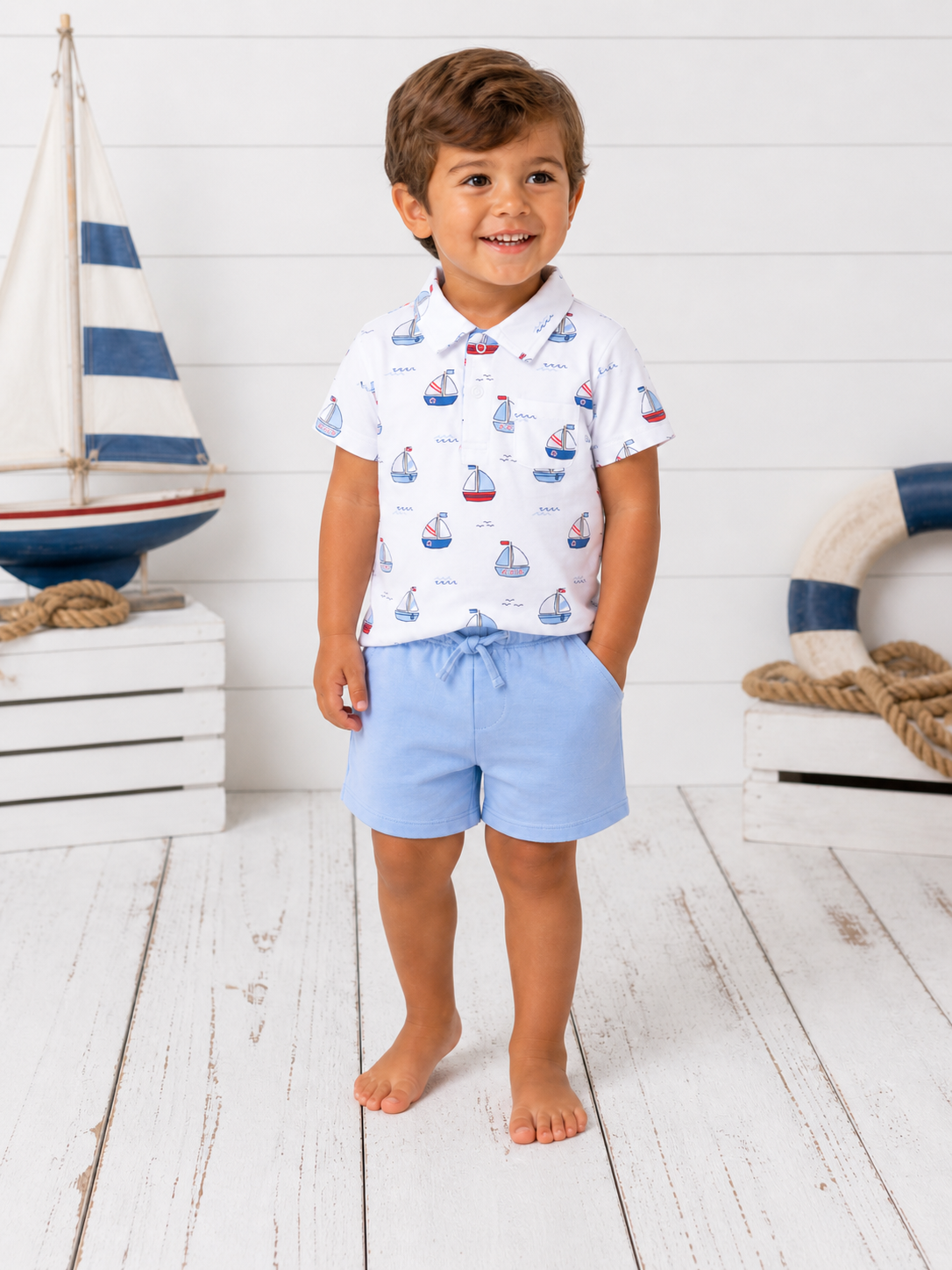 Smiling boy in a boat-patterned polo and blue shorts, standing on wooden floor near nautical decor.
