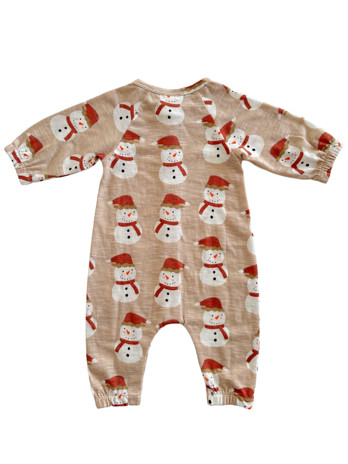 Beige baby romper with a snowman pattern and red hats. Ideal for winter holiday attire.