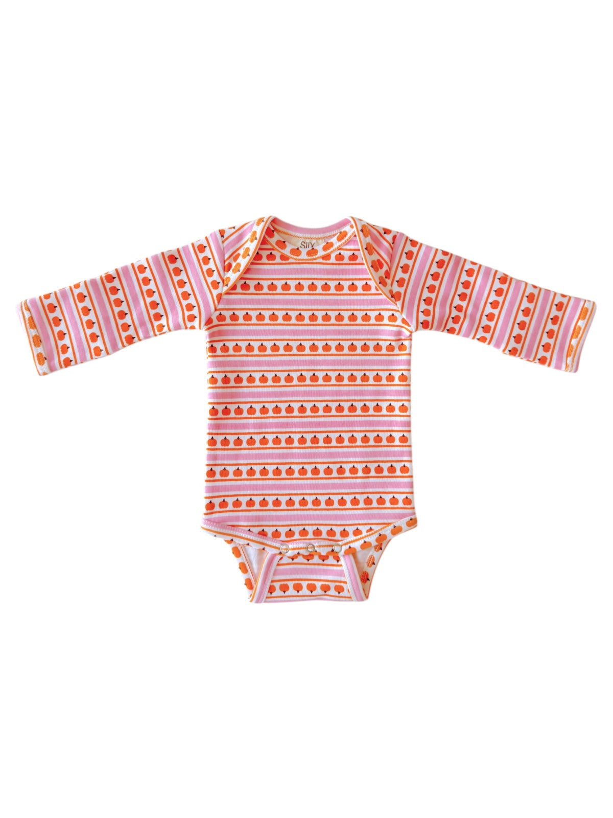 Long-sleeve baby bodysuit with a colorful striped pattern featuring orange and pink pumpkin designs.