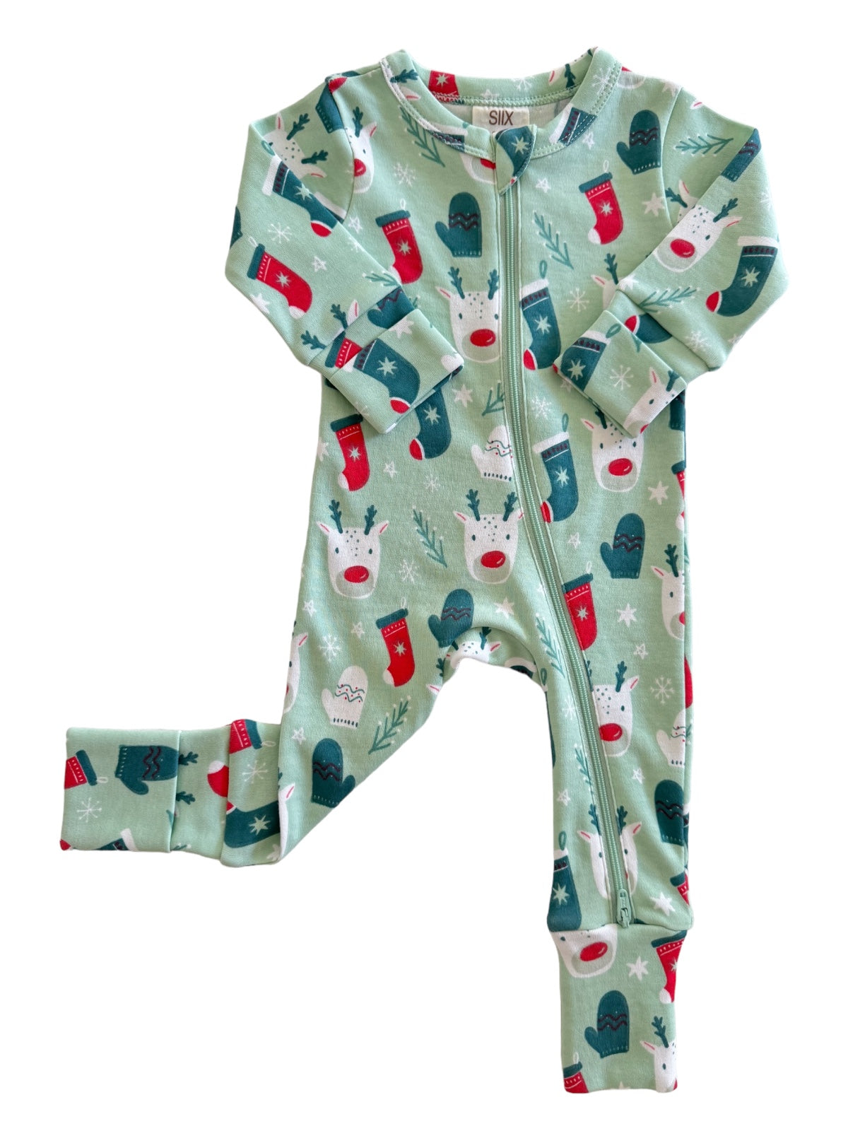 Light green children's onesie featuring reindeer and holiday-themed designs, with a front zipper closure.