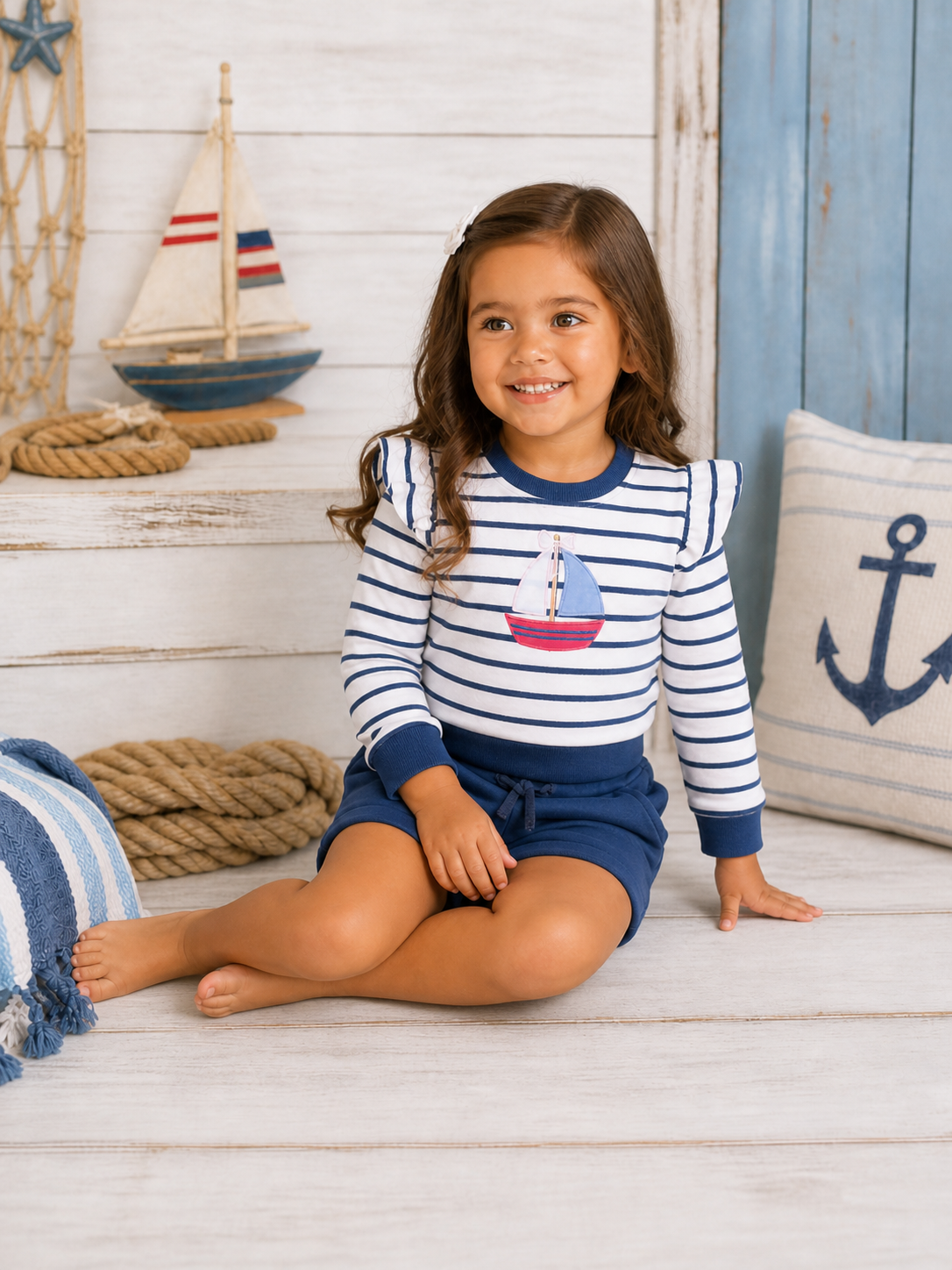 Smiling girl in striped shirt and shorts sits on a wooden floor with nautical-themed decor and pillows.