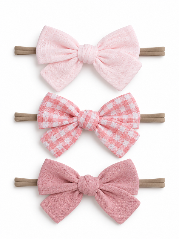 Set of three pink hair bows with various textures, including a checkered pattern and knotted designs.