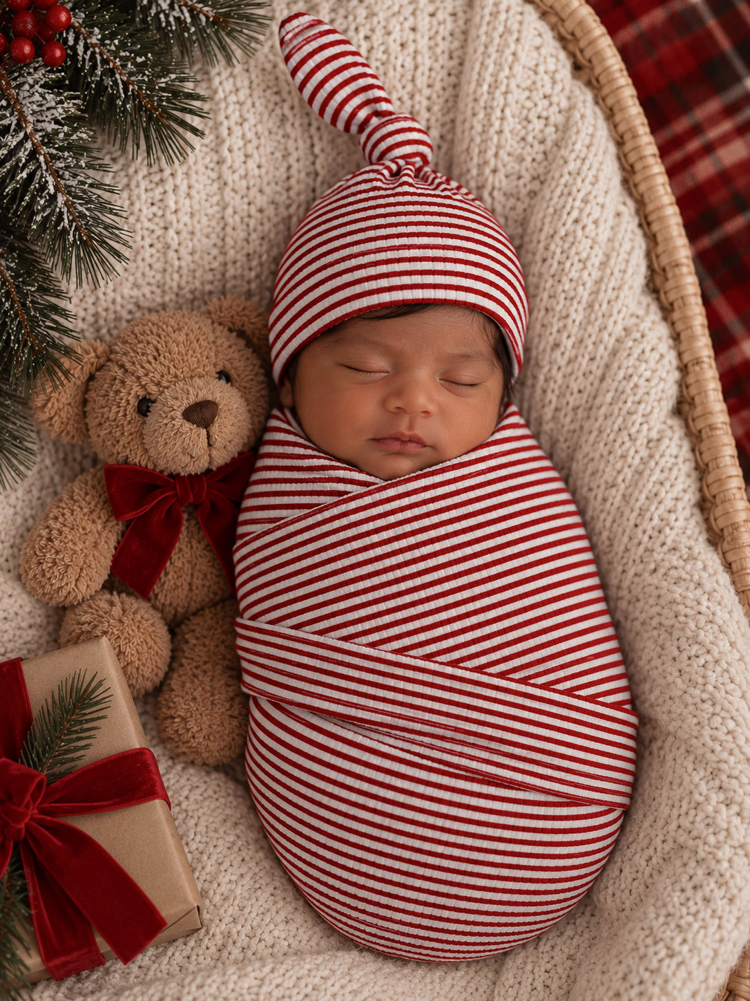 Newborn swaddled in red and white striped fabric, nestled with a teddy bear and festive decor.