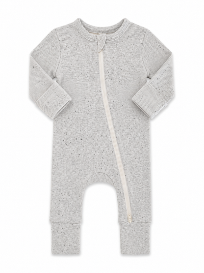 Gray baby onesie with a front zipper and long sleeves, featuring a textured pattern.
