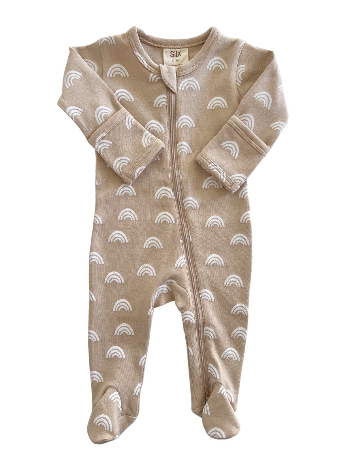 Tan infant onesie with white rainbow patterns and a front zipper. Ideal for ages 0-3 months.