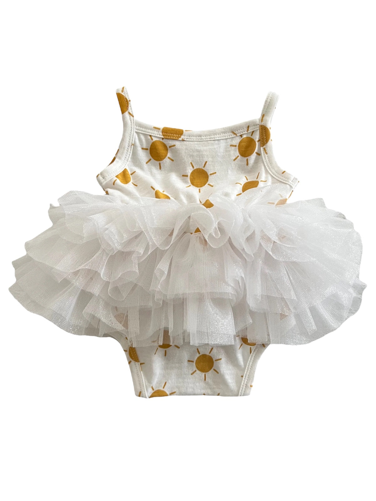 White toddler swimsuit with sun print and layered tulle skirt, perfect for summer outings.