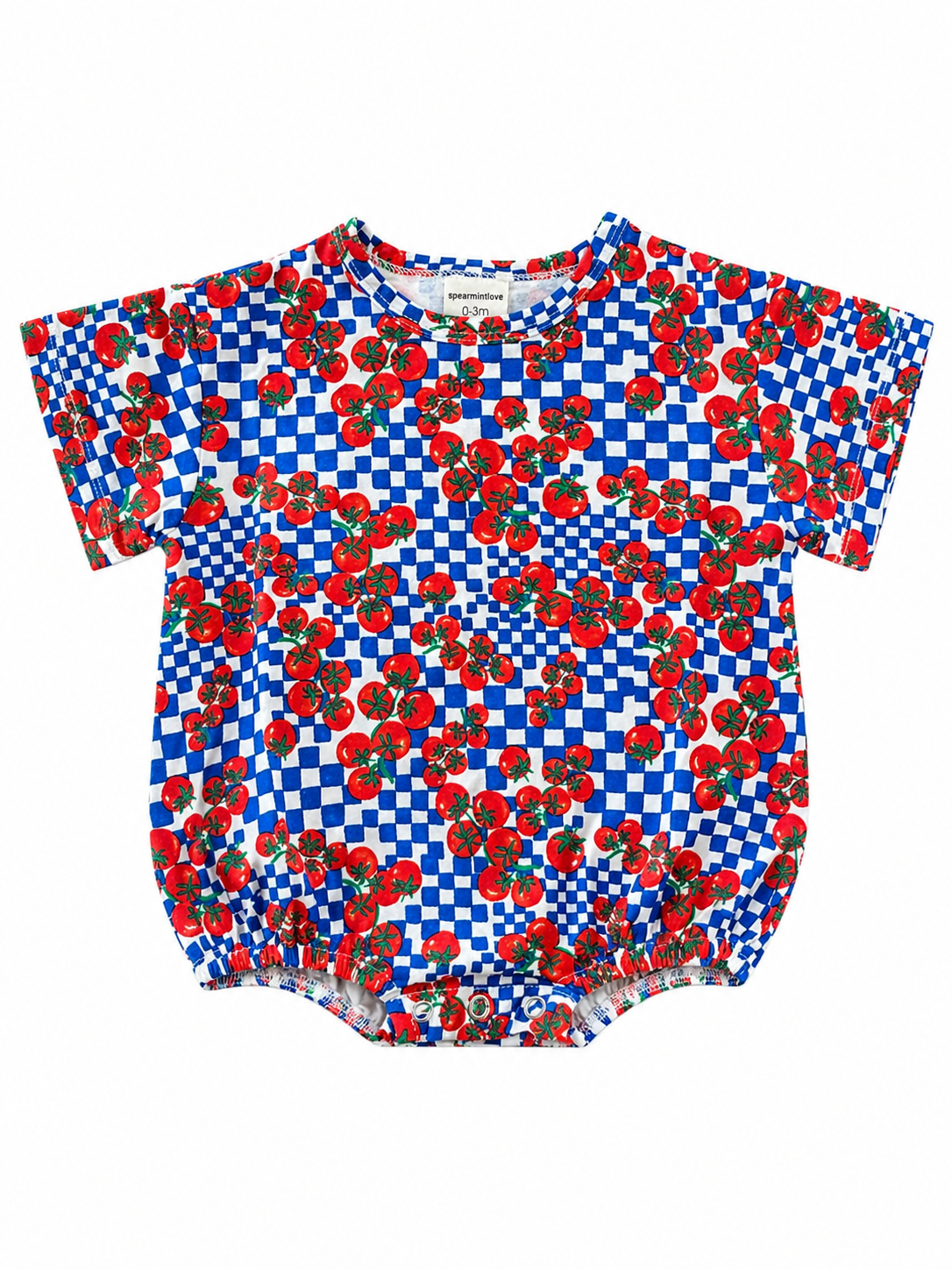 Colorful baby onesie with tomato and blue checkered pattern, featuring short sleeves and snap closure.