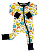 Colorful baby onesie featuring skull designs in bright colors, zip closure, and black cuffs.