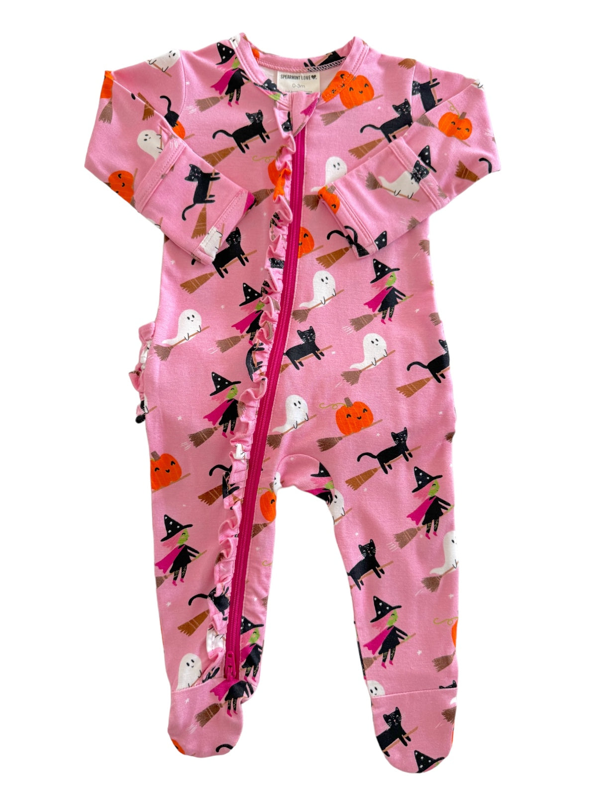 Pink Halloween-themed onesie with black cats, ghosts, and pumpkins, featuring a front zipper and ruffle detail.