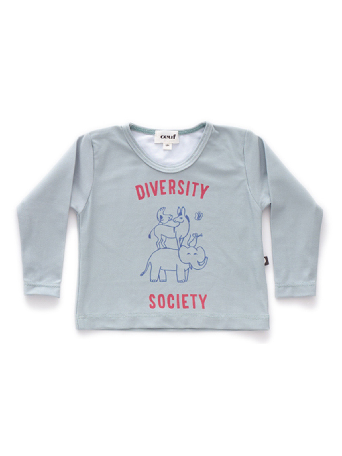 Light blue long-sleeve shirt with "Diversity Society" text and playful animal graphics.