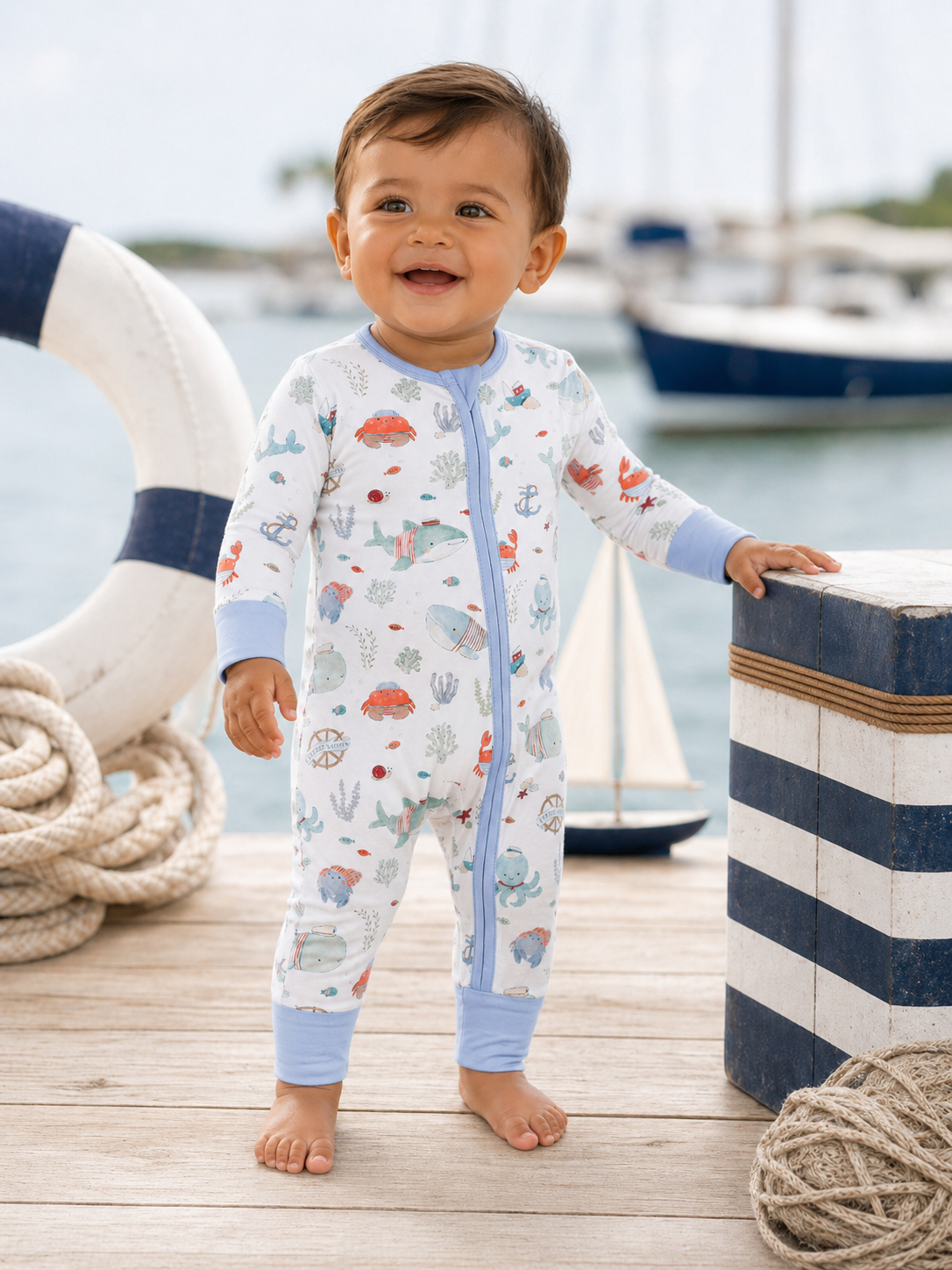 Smiling toddler in colorful seaside-themed onesie, standing on a dock with boats in the background.