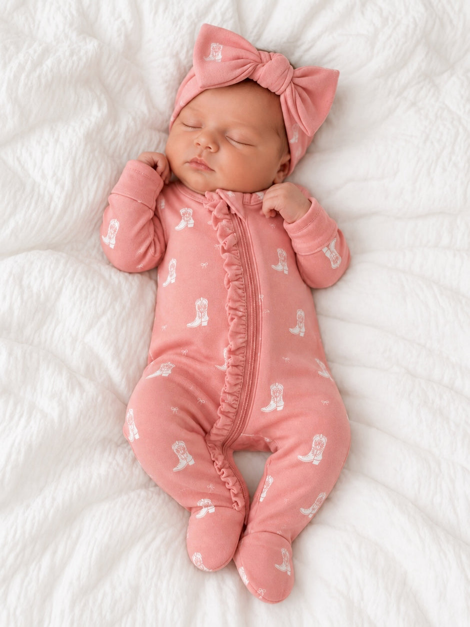 Boots & Bows / Organic Cotton Frill 2-Way Zip Footie